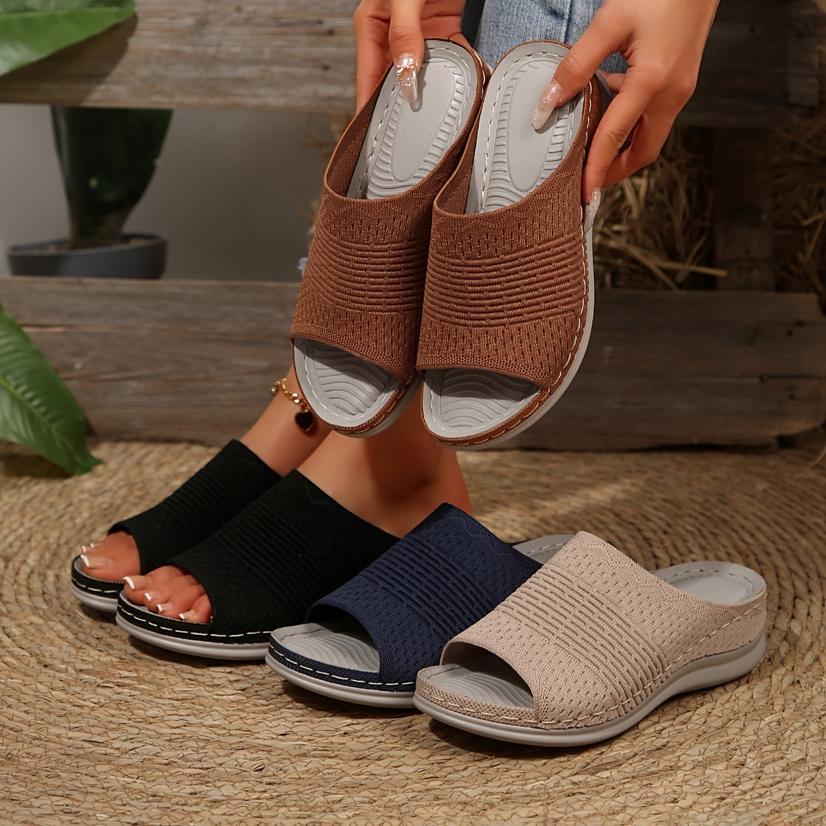 Women's orthopedic wedge slides featuring arch support, comfortable for walking and working.