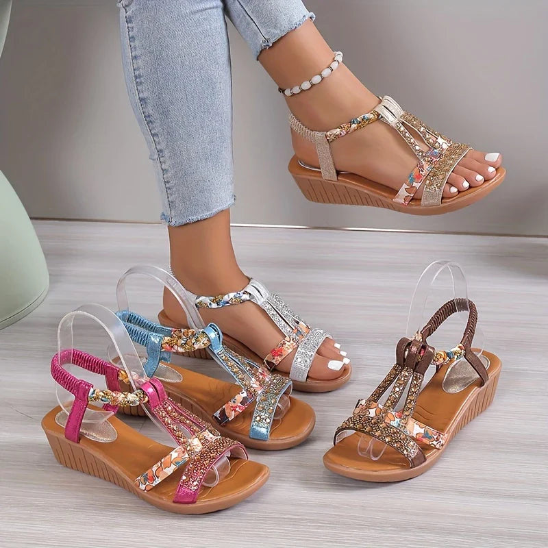 Women's Rhinestone Decor Wedge Sandals