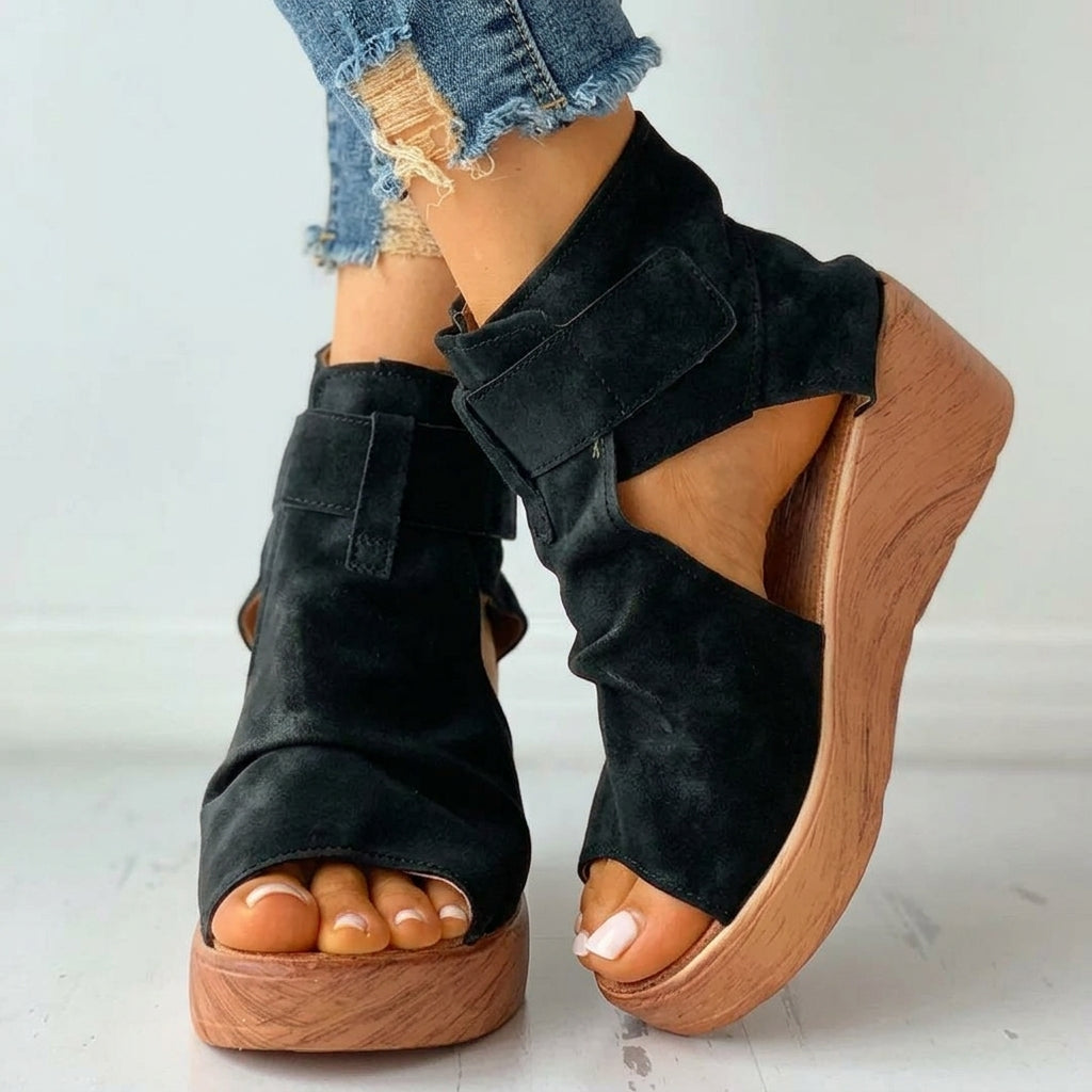 Buckle Wedge High Heel Solid Peep Open Toe Casual Sandals