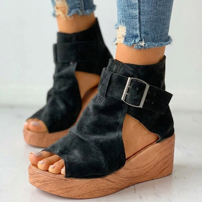 Buckle Wedge High Heel Solid Peep Open Toe Casual Sandals